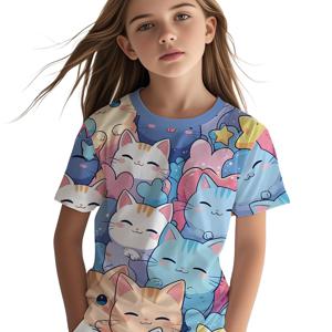 TEMU 할로윈 컬러풀 귀여운 고양이 여아 티셔츠 100% 폴리에스터 3D 디지털 프린팅 귀여운 동물 티셔츠 트렌디 여아 쿨 티셔츠 봄 여름 아웃도어 스포츠 여아 상의 생일 선물