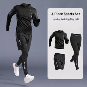 TEMU 3pcs 남성용 올 시즌 런닝 운동복 세트, 속건성 피트니스 소재로 제작, 아침 러닝, 라이딩, 농구 훈련에 적합. 이 남성용 피트니스 의상에는 여름 속건성 바지와 아침 러닝 훈련 장비가 포함되어 있습니다.