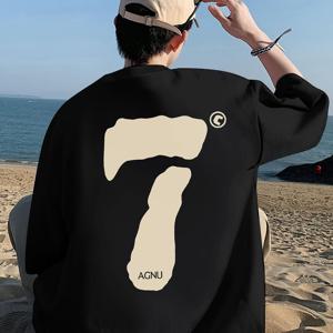 남성용 여름 캐주얼 그래픽 프린트 티셔츠 - 오버사이즈 라운드넥 반팔 '7' & ACGU 디자인, 블랙 & 베이지, 비치 아웃팅 및 캐주얼 웨어, 스트리트웨어 스타일, 부드러운 소재, 프린트 셔츠, 스트릿 스타일러브