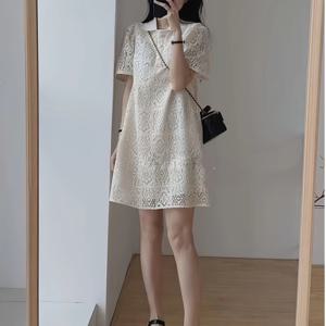 TEMU 여성 레이스 펀칭 원피스 카라넥 반팔 미니 원피스 자수 루즈핏 체형커버 A라인 날씬해보이는 여름 데이트룩 하객룩 출근룩 프렌치룩