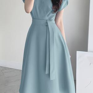 TEMU 여성용 V넥 퍼프 소매 벨트 A라인 드레스 - 풀 길이 지퍼 백 미디 드레스, 파티·웨딩 착용 가능, 기계 세탁 가능 솔리드 컬러 드레스