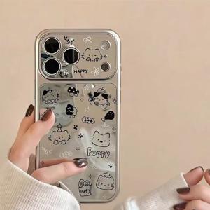 TEMU 휴대폰 케이스 - 고양이와 강아지를 위한 만화 테마 보호 케이스, Apple 17 Pro용으로 디자인되었으며, 거울 모양의 끝이 특징입니다. 이 케이스는 iPhone 11부터 17 Pro Max까지 호환되며 충격 방지 기능을 제공하면서 카메라를 완벽하게 보호합니다.