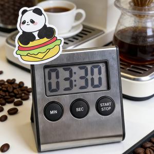 디지털 주방 타이머, 전자 카운트다운 타이머, 알루미늄 표면 주방 타이머, 요리 또는 공부 알림용 다기능 스크린 타이머, 가정용품, 정방향/카운트다운 타이머, 랜덤 스타일 팬더 테마 스티커 1개 포함, 배터리 미포함