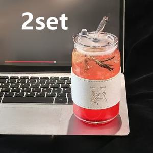 TEMU 15.21 Oz 대용량 빨대 유리컵, 아이스 커피 컵, 맥주잔, 위스키, 소다, 차, 주스에 적합, 뚜껑, 빨대 및 슬리브 포함, 선물용