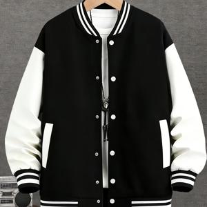 베이스볼 재킷 - 버튼 칼라 루즈핏 재킷, 소매 대비, 스탠드 칼라 & 버튼 클로저, 세탁기 사용 가능 스포츠웨어 (5가지 색상: 블랙, 레드, 카키, 옐로우, 브라운)