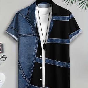 TEMU PrintedDesign-무질감 2d 프린팅 데님 및 블랙 패치워크 스타일 남성 캐주얼 셔츠 프린트 데님 텍스처 디자인 여름 볼드 대비 패널