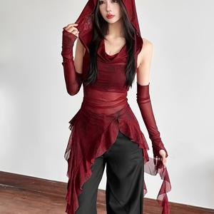 TEMU 웨이스트랜드 스타일 레드 후드 베스트와 반팔 메쉬 티셔츠 세트 여성용, 봄/여름 슬림핏 컷아웃 탑 베이스 레이어