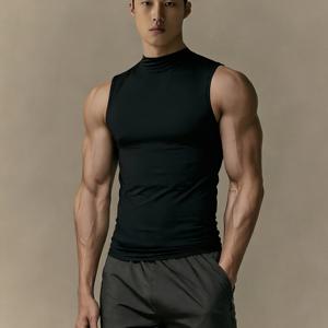 TEMU 실내외 스포츠 터틀넥 조끼 남성용 탄성 속건 스타일 피트니스 트레이닝 및 데일리 캐주얼 민소매 셔츠