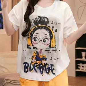 TEMU 여름 여성용 작은 착용 헤드폰 만화 프린트 라운드넥 반팔 간편 반바지 홈웨어 잠옷 세트