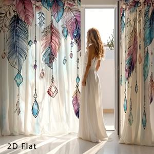 TEMU 2D 플랫 - 2D 플랫 - 2D 플랫 창문 커튼, 2개 세트, 플랫 스타일 커튼, 깃털 프린트 패턴 디자인, 거실, 주방, 카페, 거실, 식당, 발코니, 정원, 침실 장식, 거실 커튼에 적합
