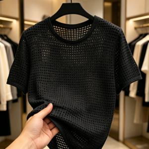 TEMU 남성 솔리드 메쉬 할로우 아웃 니트 반팔 여름용 얇고 통기성 좋은 라운드넥 캐주얼 다용도 티셔츠 탑