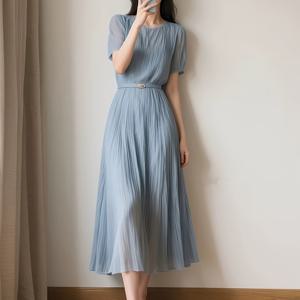 TEMU 여성용 우아하고 스타일리시한 플리츠 단색 벨트 치파오 원단 원단 드레스, 파티 및 휴가용 시폰 드레스