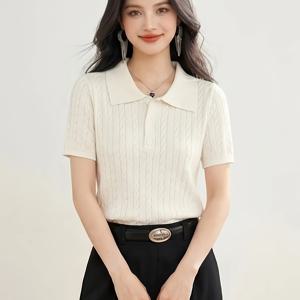 TEMU 프레피 스타일 나이 감추는 칼라 스웨터, 여성용 케이블 반팔 상의, 부드럽고 우아한 크롭 탑