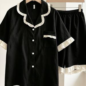 TEMU 일본 스타일 스위트 우드 이어 트림 파자마 여성 여름용 얇고 통기성 좋은 단색 루즈 카디건 반팔 반바지 피부 친화적 편안한 세트, 가슴 패드 포함, 집에서 편리하게 입기 좋은 한국 스타일