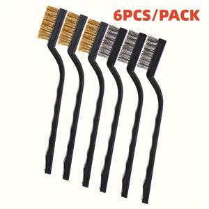 6pcs 스테인레스 스틸 및 청동 와이어 브러시 세트 - 곡선 핸들, 용접 슬래, 녹, 벽돌 청소에 효과적인 내구성 있는 브러시 - 주방, 욕실, 화장실, 파티오, 야외 사용, 녹 제거에 이상적 - 실용성, 내구성 있는 와이어 브러시