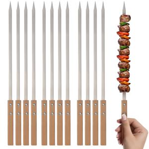 TEMU 12개 세트 강력한 스테인리스 스틸 바베큐 꼬치, 나무 손잡이 포함 - 고기, 닭고기, 새우, 야채용 긴 평면 그릴 꼬치 - 내구성 있는 야외 그릴 요리 도구, 고기 꼬치 | 슬림한 평면 디자인 | 나무 손잡이 그립