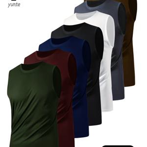 TEMU 7가지 색상의 남성용 스포츠 민소매 탱크탑 7벌 세트: 아미 그린, 다크 레드, 네이비 블루, 블랙, 화이트, 그레이, 카키. 통기성 좋고 가벼운 루즈핏, 빠른 건조 라운드넥 민소매 셔츠, 헬스장 및 운동용