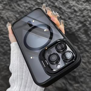 TEMU 휴대폰 케이스 - 이 제품은 Apple iPhone 11, 12, 13, 14, 15, 그리고 16 Pro Max Plus에 적합한 마그네틱 카메라 마운트가 있는 투명 휴대폰 케이스입니다. 무선 충전과 호환되며, 하드 케이스에 부드러운 모서리가 특징이며, 숨겨진 스탠드가 포함되어 있습니다.