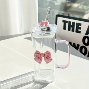 TEMU 350ml/12oz 우아한 나비 장식 유리컵 (빨대 및 손잡이 포함), 아이스 커피, 주스, 우유용 재사용 가능한 미적 감각 컵, 세척 용이, 집, 사무실, 파티용 귀여운 음료 용품, 여성 및 십 대를 위한 독특한 선물, 텀블러