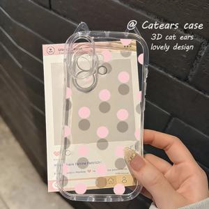 TEMU 휴대폰 케이스 - 귀여운 투명 3D 고양이 귀 휴대폰 케이스, 높은 투명도 황변 방지 소프트 쉘, 핑크 폴카 도트, 아이폰 16 Pro Max/15 Plus/14/13/12/11에 적합, 충격 방지 풀 커버 렌즈 보호 케이스