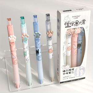 TEMU 재미있는 키티 블랙 젤펜 4개입 0.5mm 귀여운 회전 고양이 발바닥 속건성 펜 IG 스타일 CS 듀얼볼펜촉 학습 사무용 사인 펜