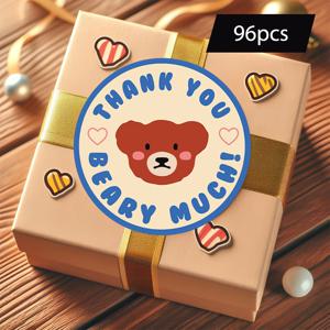 TEMU 곰돌이 디자인에 'Thank You' 문구가 있는 원형 스티커 96개 세트. 선물 태그, 감사 메시지, 포장 봉인에 완벽합니다.