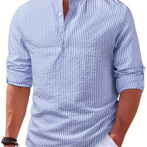 TEMU Men's Textured Random Print Blue and White Striped Open Front Single-Breasted Small Lapel Long Sleeve Casual Henry Shirt