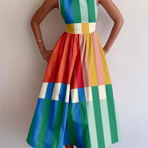 TEMU 2026 Sweet & Women's Elegant Bohemian Party Mini Dress, Colorful Geometric Stripe Print Camisole Midi Dress, Sleeveless Off-Shoulder Sress for Spring/Summer, Unique Holiday Gift, Beachwear