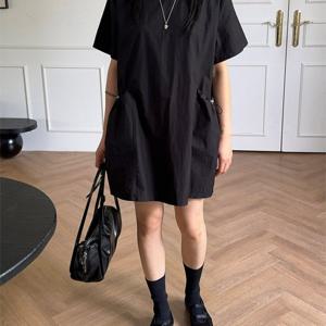 TEMU 한국 Chic 여름 신상 여성용 미디 원피스, 프렌치 레트로 니치 스타일, 라운드 넥, 루즈핏, 큰 주머니 원피스