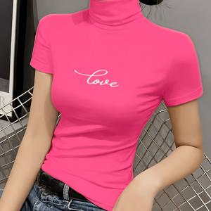 TEMU 레터링 프린트 단색 넥ハイ 반팔 여성 티셔츠, 슬림핏과 우아함, 패셔너블하고 우아함, 편안하고 부드럽고 통기성 좋음, 신축성이 뛰어난 원단, 기계 세탁 가능, 봄과 여름을 위한 활용도 높은 베이스 레이어