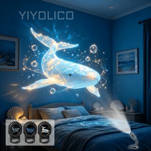 TEMU 바다 테마 LED 프로젝션 램프, 고래 돌고래 해파리 거북이 별모양 패턴, 드림 나이트 라이트, 분위기 장식 조명, 침실 벽 배경 천장에 적합, 파티 모임 분위기 조명