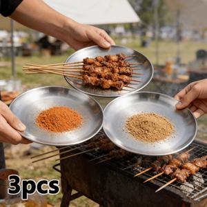 TEMU 3개 스테인리스 스틸 접시, 스테이크, 샐러드, 디저트, 서양 요리, 과일에 적합한 쌓을 수 있는 다용도 원형 접시, 가정, 주방, 피크닉 및 야외 캠핑에 적합, 재사용 가능, 세척 용이, 식기세척기 사용 가능