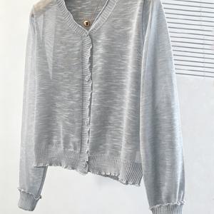 TEMU 봄 여름 신상 단색 우드 이어 트림 V넥 긴팔 얇은 자외선 차단 가디건