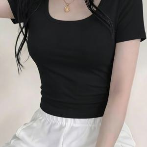 TEMU 여성용 블랙 스퀘어넥 반팔 티셔츠, 여름 슬림핏 크롭탑, 섹시한 허리 노출 베이스 레이어