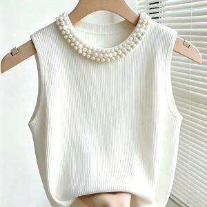 TEMU Women's Fashion Ribbed Pearl Embellid Solid Top