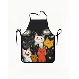 TEMU 1개 귀여운 고양이 프린트 앞치마 - 내구성 좋은 폴리에스터, 조절 가능한 목끈, 주방 및 요리용으로 이상적, 컬러풀한 고양이 일러스트가 있는 블랙, 주방 앞치마 | 재미있는 디자인 | 조절 가능한 앞치마