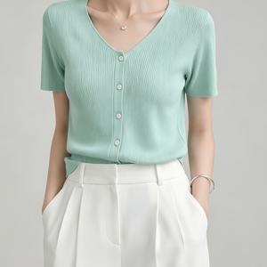 TEMU 여성용 경량 반팔 가디건, 단색 V넥 버튼 앞면 골지 니트, 캐주얼 여름 기본 티셔츠