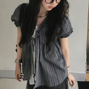 TEMU 여성용 썸머 스위트 러플 발레 퍼프 소매 상의, 한국 시크 루즈핏 タイ업 반팔 셔츠