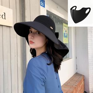 TEMU 선햇 + 안면 마스크 2개 세트, 스타일리시한 새로운 여성용 여름 썬햇 - 야외용 썬햇, 해변 나들이용, 일상생활용 모자, 패셔너블한 의상용 모자, 여성용 해변 모자, 여성용 썬햇