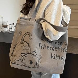 TEMU 고양이 토트백, 대용량 통근 가방, 오픈형 상단 넓은 공간 디자인, 14인치 노트북, 교과서, 우산, 물병 및 기타 일상 용품을 쉽게 수납, 학생 및 사무직 근로자에게 적합, 실용적이고 다재다능함!
