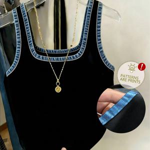 TEMU [프린팅 팬츠 - 데님 원단 아님] 여성용 인조 데님 패치워크 탱크탑 - 스퀘어넥 민소매 스타일 셔츠, 대조 색상, 출퇴근, 파티, 데이트 및 데일리웨어에 적합, 기계 세탁 가능, 봄/여름 옷장 필수품