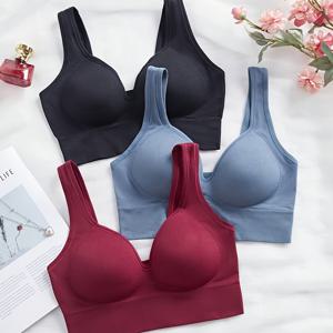3개 솔리드 컬러 여성용 고정컵 이지 & 엘레강스 심리스 브라, 노 언더와이어, 와이드 숄더 패드, 원피스 컵, 브라, 스포츠 브라, 속옷