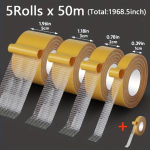 TEMU 5롤 양면 테이프, 총 길이 50M, 강력 접착, 가정 장식, 공예 제작, 사무실 고정, 풍선 및 벽지 다용도 설치 테이프에 적합