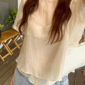 TEMU 여성용 여름 젠틀 기질감 있는 시스루 반팔 셔츠, 한국식 시크 레이어드 캐미솔 2개 세트