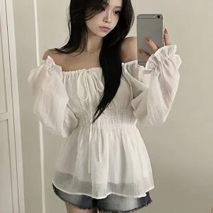 여성용 한국 스타일 화이트 스퀘어넥 블라우스 시폰 탑 - 통근용으로 적합한 허리 슬림핏, 퍼프 슬리브 타이 웨이스트 반투명 셔츠, 손세탁 가능 봄 여름 사무실 및 캐주얼 복장용 블라우스