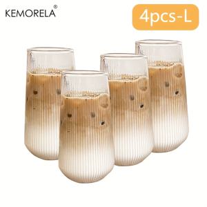 TEMU KEMORELA 4/6개 세로 줄무늬 유리컵, 두 가지 모델 선택 가능, 내열 유리 물컵, 우유컵, 주스컵, 커피컵, 음료수컵, 여름과 겨울용 드링크웨어