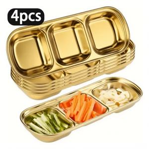 4개 골든 스테인리스 스틸 직사각형 칸막이 양념 딥 디핑볼, 메탈 양념 접시, 디저트 조미료용, 가정 파티 레스토랑 피크닉 여행용