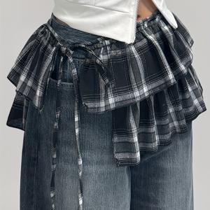 여성 레이어드 체크 허리 스커트 패셔너블 하프 기장 스커트