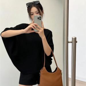 TEMU 2026 여름 신상 배트윙 슬릿 숄더 아이스실크 소프트 니트, 솔리드 톤 러지핏 여유로운 반팔 럭셔리 여성 상의