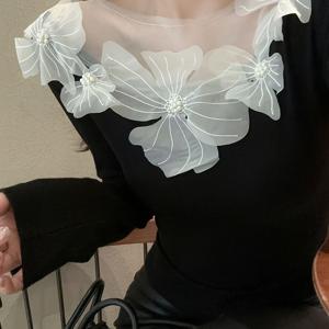 우아한 프랑스식 망사 니트 하이넥 리브 스웨터, 3D 꽃무늬 패턴, 여성용 라운드 넥 롱슬리브 스웨터, 슬림핏 폴리에스터 봄가을 메인 아이템, 사계절 착용 가능, 출퇴근, 등교, 일상 착용